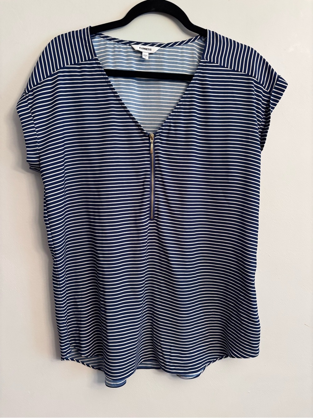Express Navy & White Striped V-Neck Zip Front Top